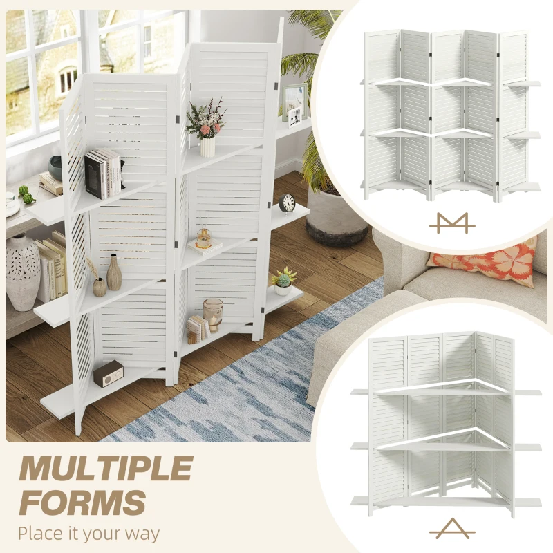 HOMCOM 5 Panel 67" Tall Wood Privacy Screen Room Divider with 3 Shelves and Folding Storage for Bedroom, White