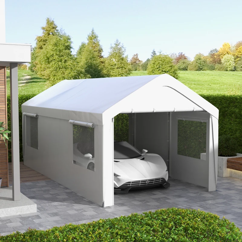 Outsunny 10' x 20' Carport, Heavy Duty Portable Garage, with 4 Mesh Windows and 2 Doors, White