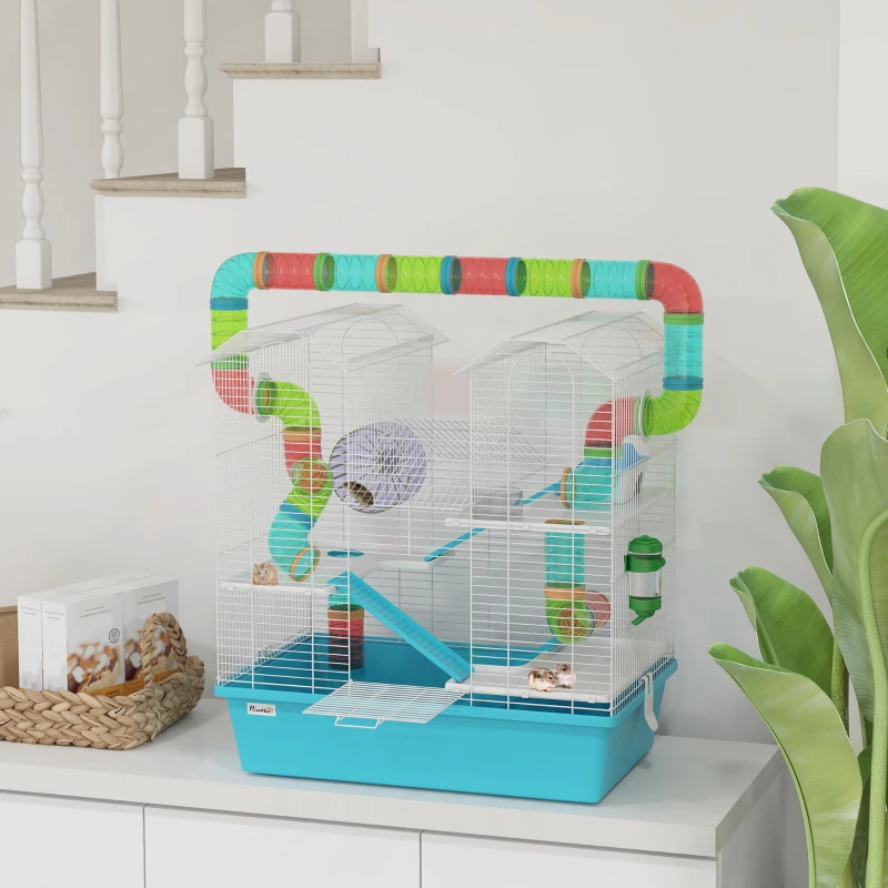 PawHut 4-Tier Hamster Cage with Tubes, Exercise Wheel, Hut, Water Bottle, Food Dish, Ramps, 22.8" x 14.2" x 25.6", Light Blue