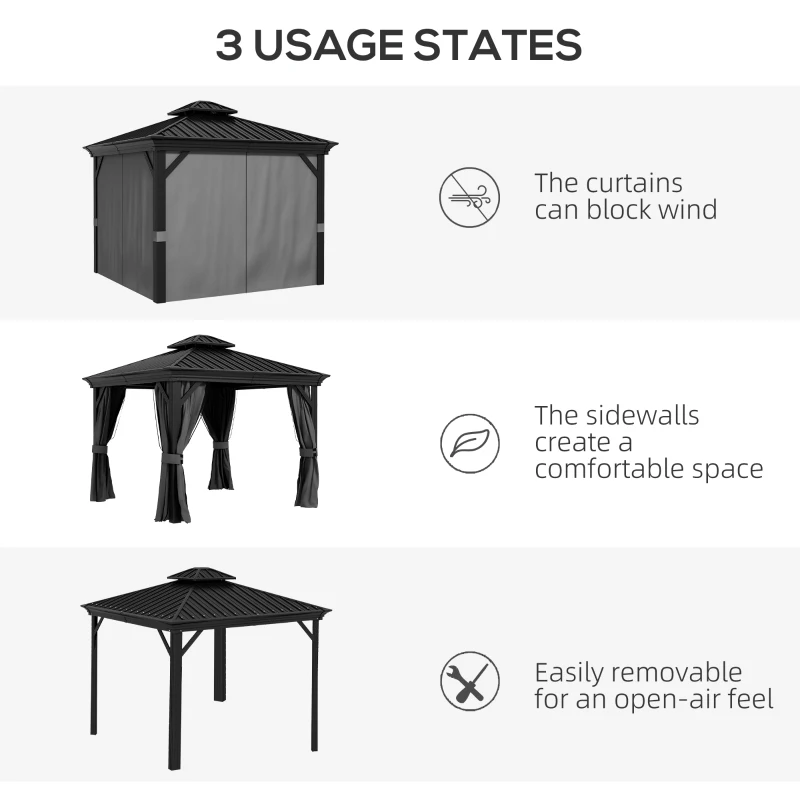 Outsunny 10' x 10' Hardtop Gazebo, Pavilion Gazebo with Curtains, Nettings, Aluminum Frame, Hooks, for Garden, Patio, Light Gray
