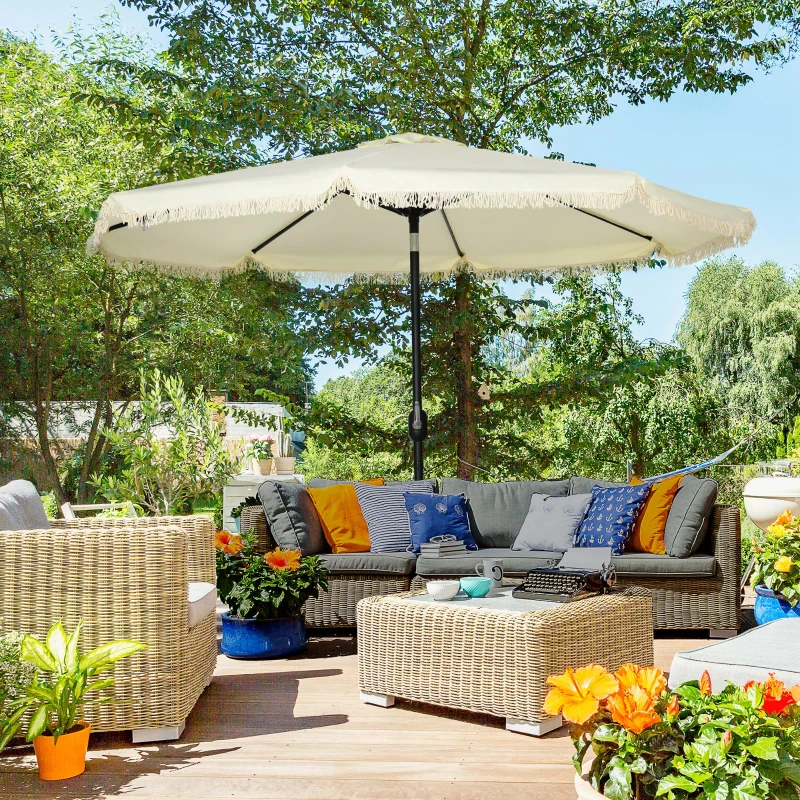 Outsunny 9 ft Cantilever Umbrella with Push Button Tilt and Crank Tassles and 8 Ribs Shade Umbrellas for Garden