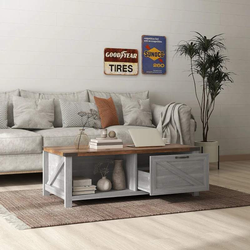 HOMCOM Coffee Table with Storage, Farmhouse Living Room Table with Storage Drawer and Open Shelf, Distressed Gray