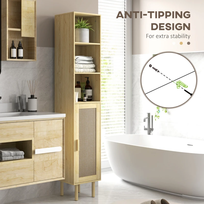 HOMCOM Tall Bathroom Cabinet with Rattan Doors, Freestanding Bathroom Storage Cabinet with Adjustable Shelves, Distressed Oak