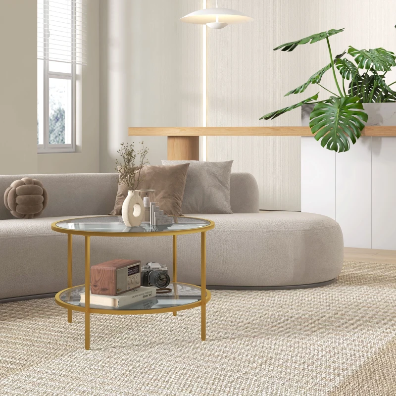 HOMCOM Side Table with Storage, 26" Round End Table, 2-Tier Tempered Glass Coffee Table with Steel Frame for Living Room, Gold