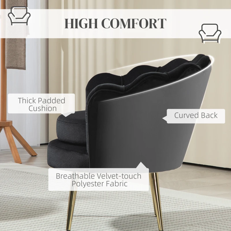 HOMCOM Modern Accent Chair, Velvet-Touch Fabric Leisure Club Chair with Gold Metal Legs for Bedroom, Black