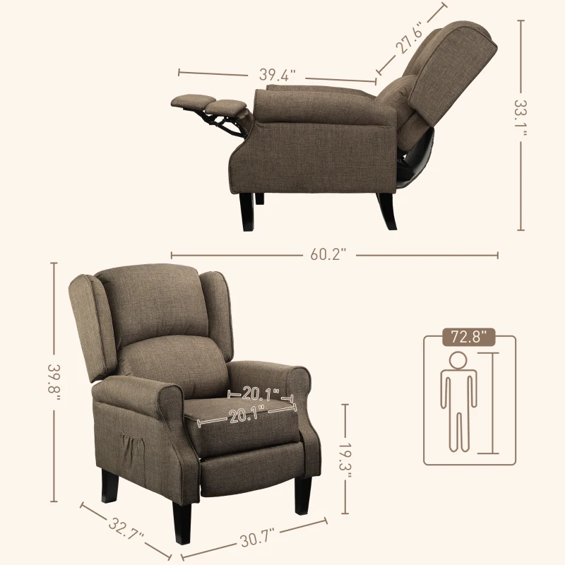 HOMCOM Vibration Massage Recliner Chair for Living Room with Heat,  Wingback Single Sofa, Modern Linen Fabric Push Back Reclining Chair with Footrest, Side Pocket, Brown