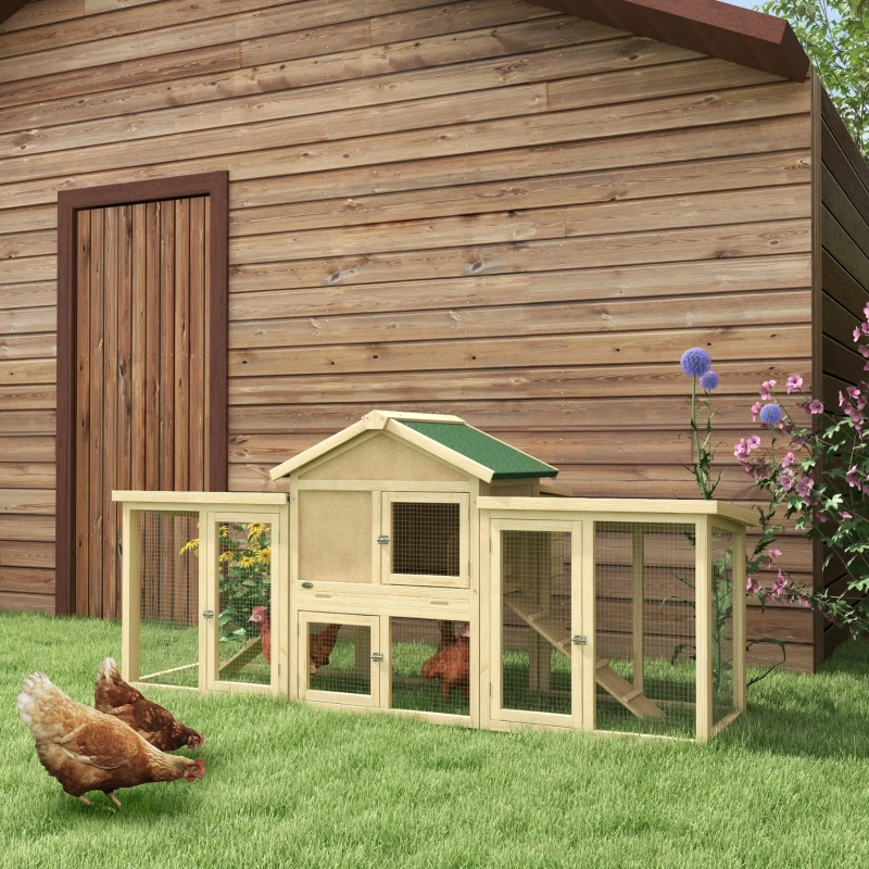 PawHut Wooden Chicken Coop ith Nesting Box, Double Runs, Removable Tray, Ramps, for Garden Backyard