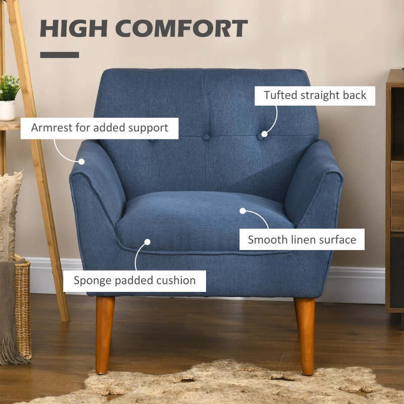 HOMCOM Traditional Accent Chair, Button Tufted Armchair with Wood Legs for Living Room, Bedroom, Blue