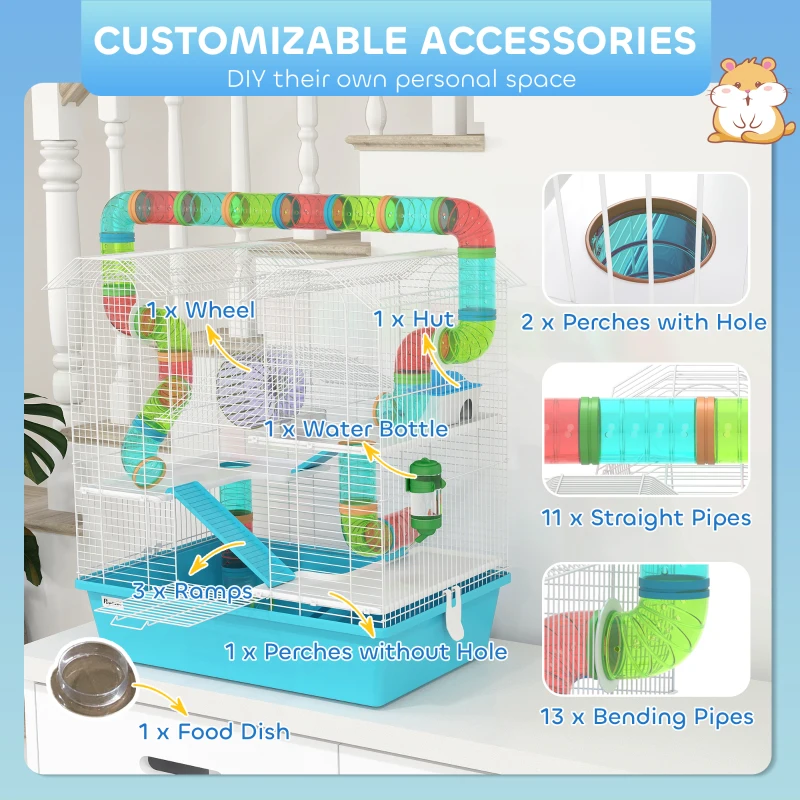PawHut 4-Tier Hamster Cage with Tubes, Exercise Wheel, Hut, Water Bottle, Food Dish, Ramps, 22.8" x 14.2" x 25.6", Light Blue