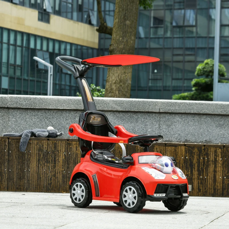 Qaba 3 in 1 Push Car Sliding Car with Removable Handle, Music, Horn, Canopy, Safety Guardrail, Red