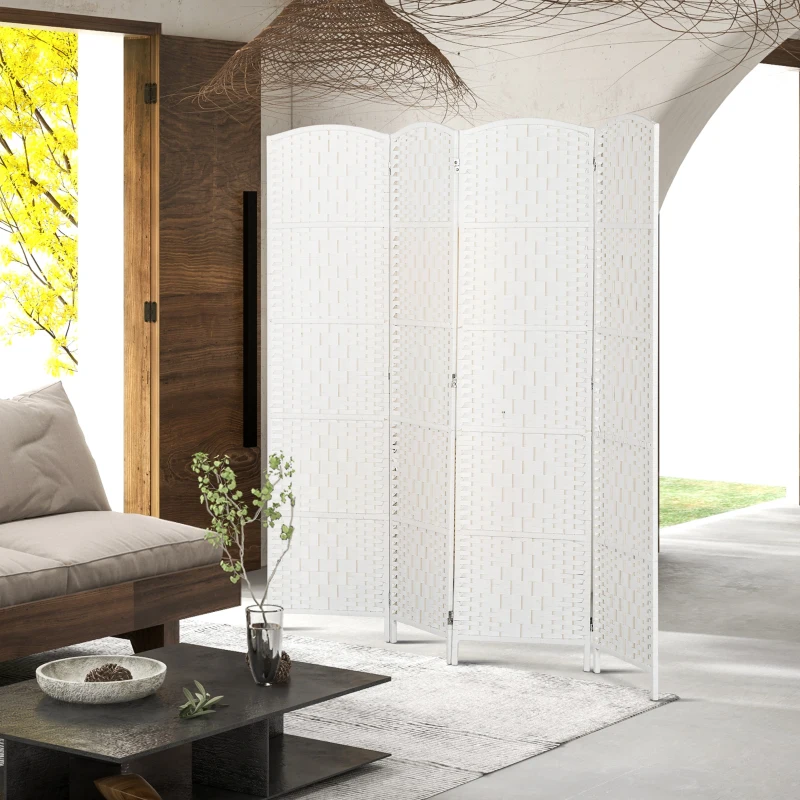 HOMCOM Room Divider, 4 Panel Folding Privacy Screen, 6FT Tall Portable Weave Partition Wall Divider for Bedroom, White