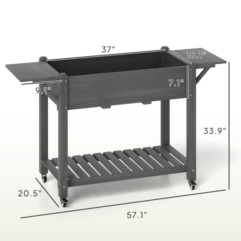 Outsunny Wood Raised Planter Box, Elevated Garden Bed with Lockable Wheels, Side Tables, Bottom Shelf, Drain Holes, Gray