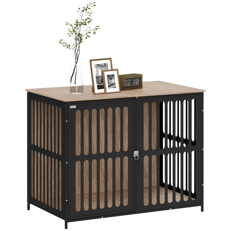 PawHut 39" Dog Crate Furniture w/ Anti-Chew Resistant Mesh, Anti-Escape Single Door, for Large Dogs, Walnut Brown