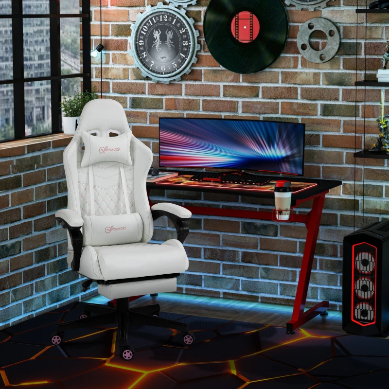 Vinsetto High Back PU Leather Gaming Chair, Racing Computer Chair with Swivel Wheels, Retractable Footrest, Headrest, Lumbar Support, and Armrest, White and Pink