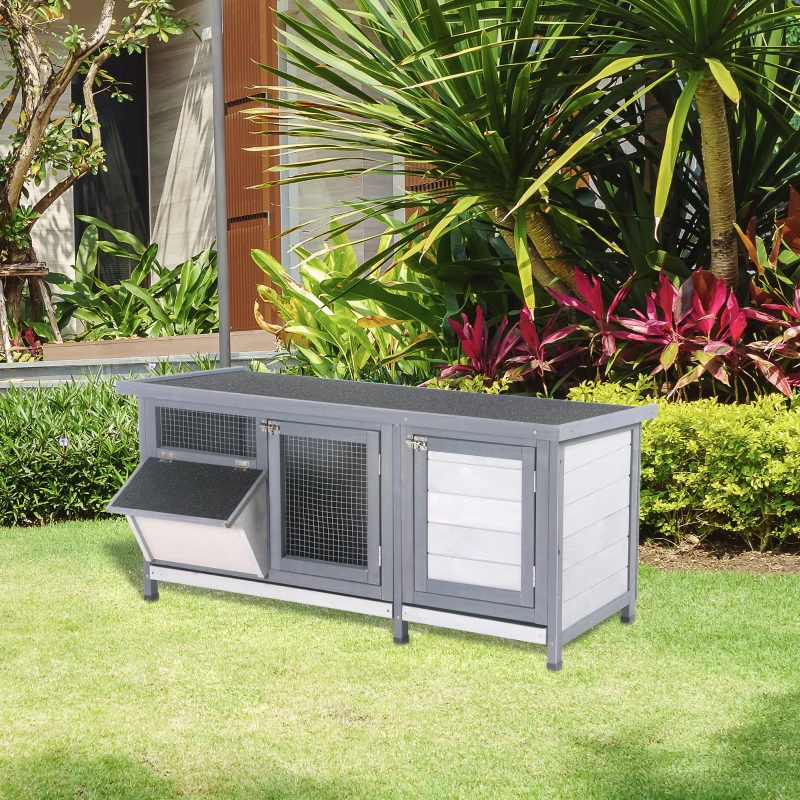 PawHut Wooden Rabbit Hutch Bunny Hutch Cage Guinea Pig with Waterproof Roof, No Leak Tray and Feeding Trough, for Rabbits, Chickens, Ducks, Indoor/Outdoor, Gray