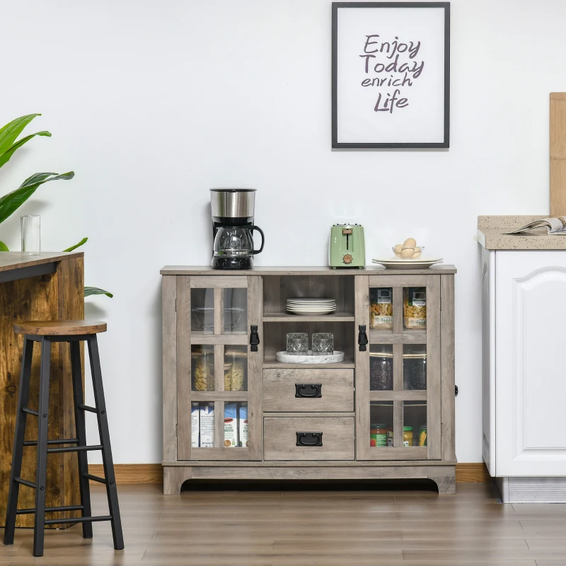 HOMCOM Sideboard Buffet Cabinet with Glass Door, Coffee Bar Cabinet with Storage Drawers & Adjustable Shelves for Kitchen, Living Room, Gray