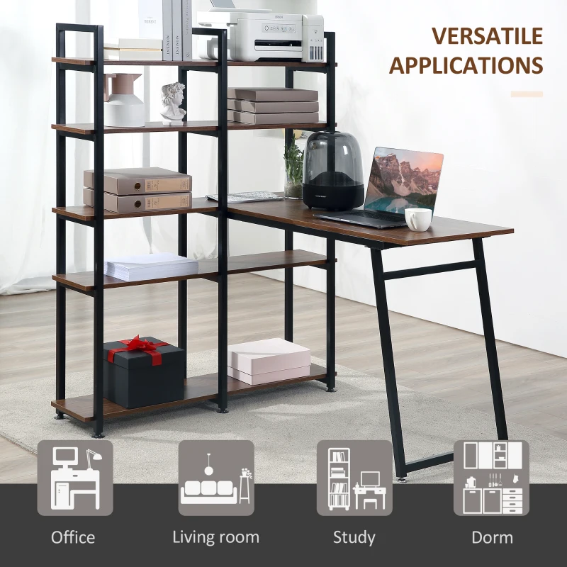 HOMCOM 5 Tier Versatile L-Shaped Computer Desk, Writing Table with Display Shelves and Metal Frame, Space-Saving for Study, Home Office, Walnut