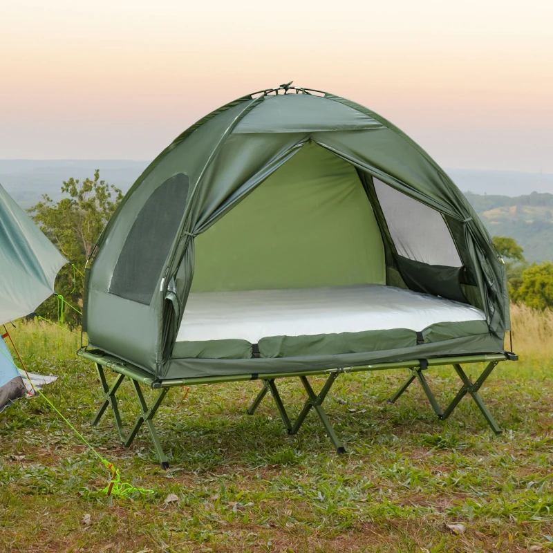 Outsunny 2-Person Tent Cot, 4-in-1 Folding Tent Combo with Air Mattress, Foot Pump, Carry Bag, Off Ground Travel Cot for Camping, Hiking, Backpacking(m-10)