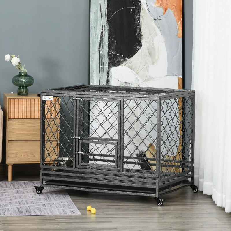 PawHut Heavy Duty Dog Crate, Metal Dog Cage Kennel with Lockable Wheels, Slide-Out Tray, Food Bowl and Double Doors, 42.5"