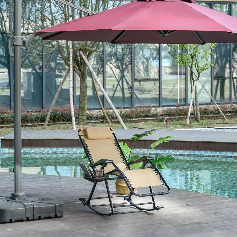 Outsunny Outdoor Rocking Chairs, Foldable Reclining Zero Gravity Lounge Rocker with Pillow, Phone & Cup Holder, Combo Design with Folding Legs, Beige