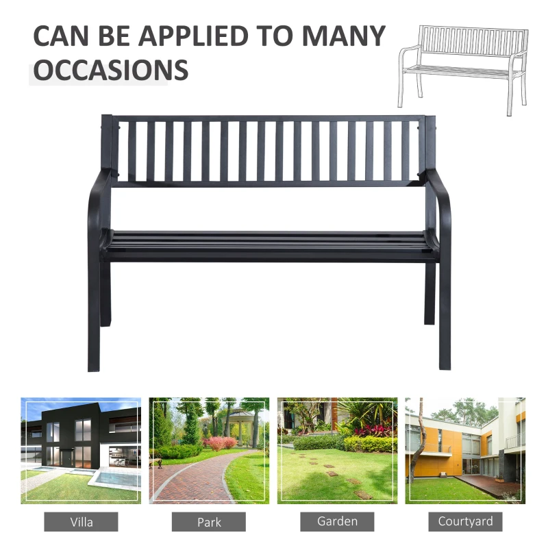 Outsunny 50" Outdoor Garden Bench, Patio Bench with Slatted Seat, Metal Porch Bench for Backyard, Poolside, Lawn, Black