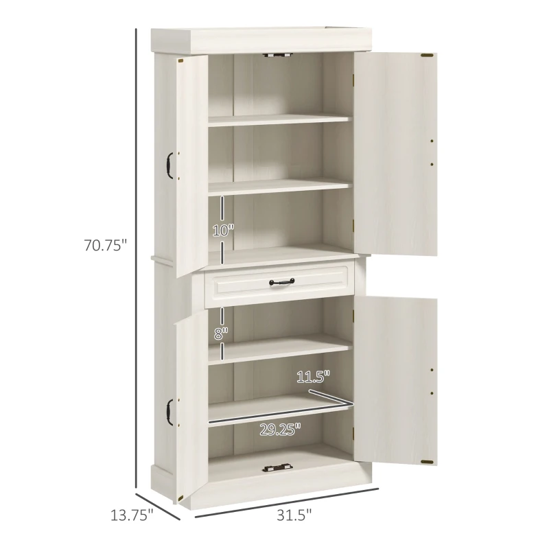 HOMCOM 71" Freestanding Kitchen Pantry Cabinet, Tall Storage Cabinet with 4 Doors and Drawer for Dining Room, White