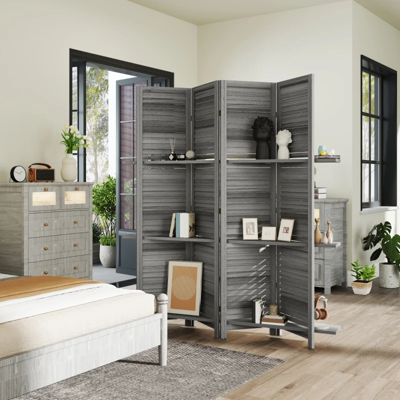 HOMCOM 4 Panel 67" Tall Wood Privacy Screen Room Divider with 3 Shelves and Folding Storage for Bedroom, Gray