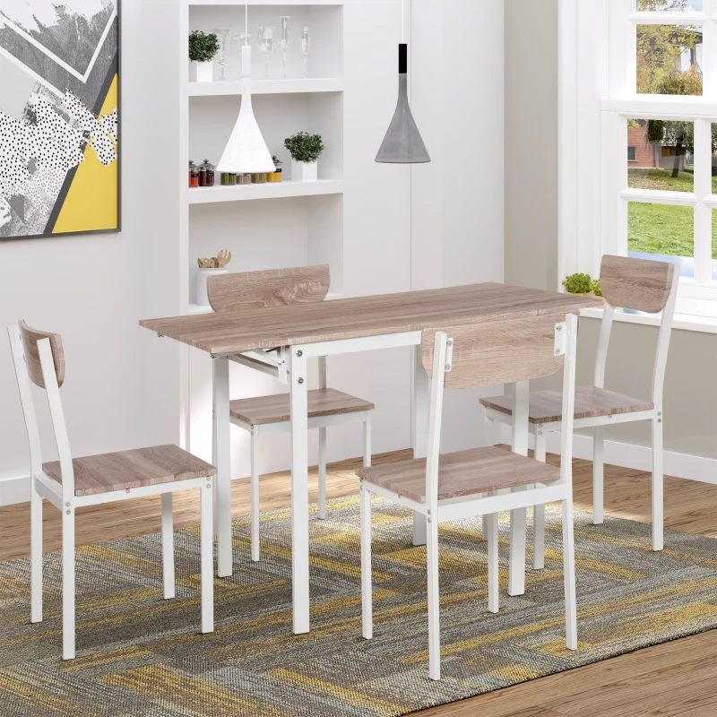 HOMCOM Modern Dining Table Set for 4, 5-Piece Kitchen Table Set, Rectangular Extendable Dining Table with 2 Drop Leaf, 4 Chairs for Kitchen, Dining Room, Dinette, Breakfast Nook, White