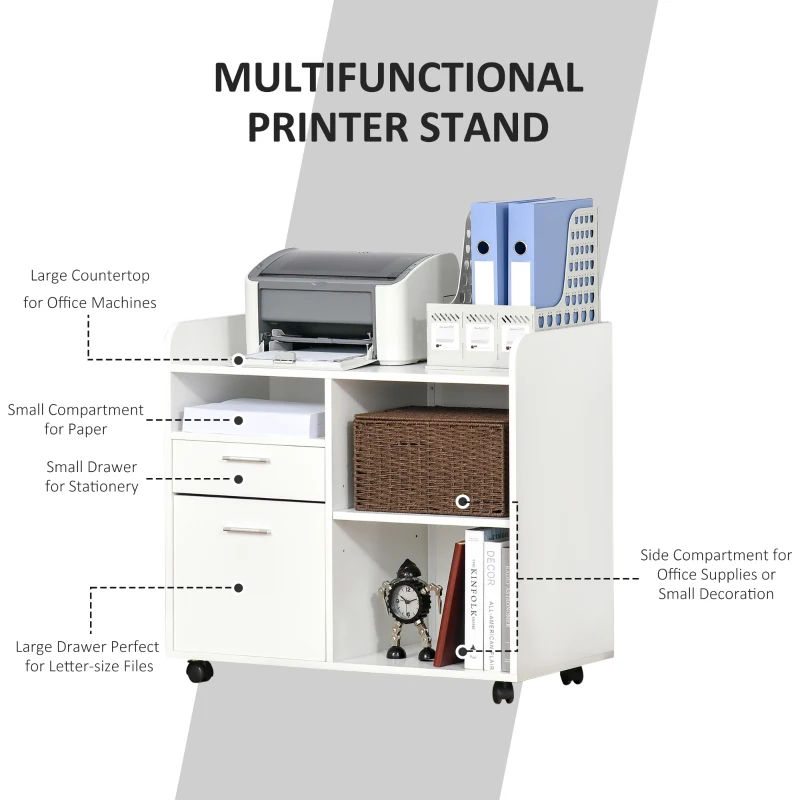 Vinsetto Filing Cabinet Printer Stand Mobile Lateral File Cabinet with 2 Drawers, 3 Open Storage Shelves for Home Office Organization, White