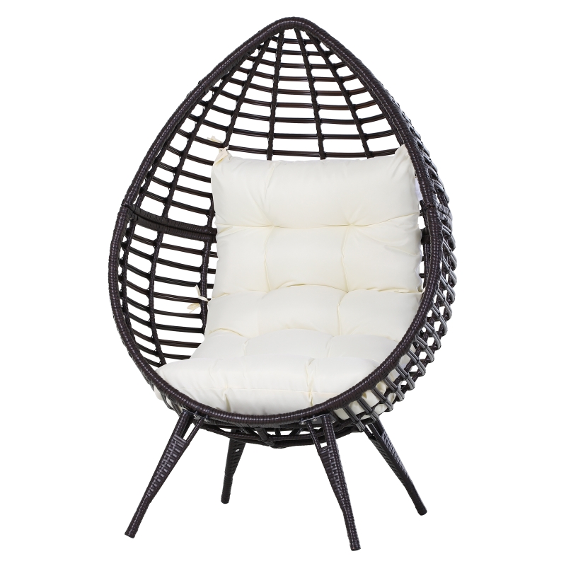 Outsunny Patio Wicker Egg Chair w/ Soft Cushion, Teardrop Cuddle Seat, Outdoor / Indoor Patio Chair, PE Plastic Rattan Furniture with Adjustable Height Feet Pads, Beige