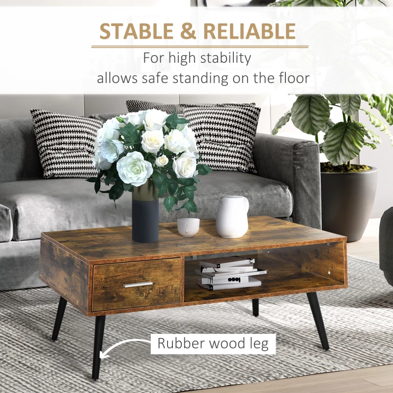 HOMCOM 43" Mid-Century Modern Coffee Table with Drawer and Shelf, Cocktail Center Table for Living Room, Rustic Brown