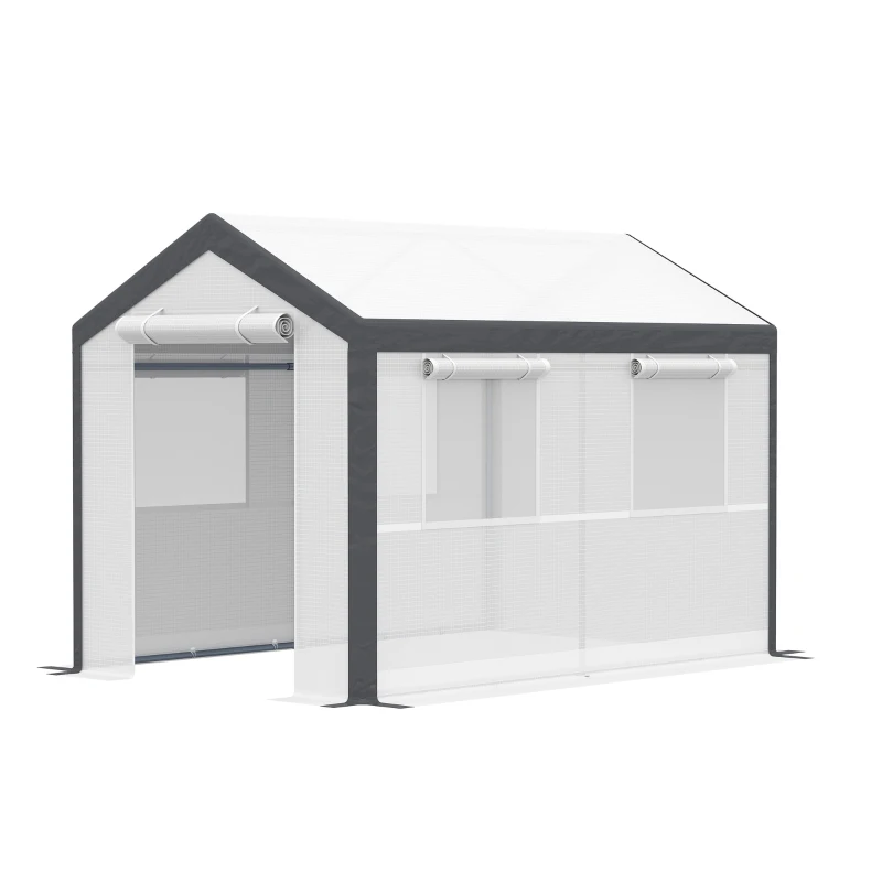 Outsunny 10' x 7' x 7' Greenhouse, Walk-in Outdoor Tunnel Green House with PE Cover, Steel Frame, 2 Roll-Up Zipper Doors & 4 Windows for Flowers, Vegetables, Tropical Plants, White