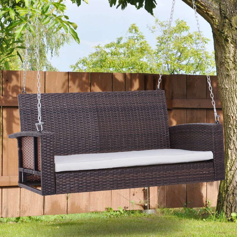 Outsunny 2 Person Wicker Hanging Swing Bench, Front Porch Swing Outdoor Chair with Cushions 550 lbs. Weight Capacity for Backyard, Garden, Cream White