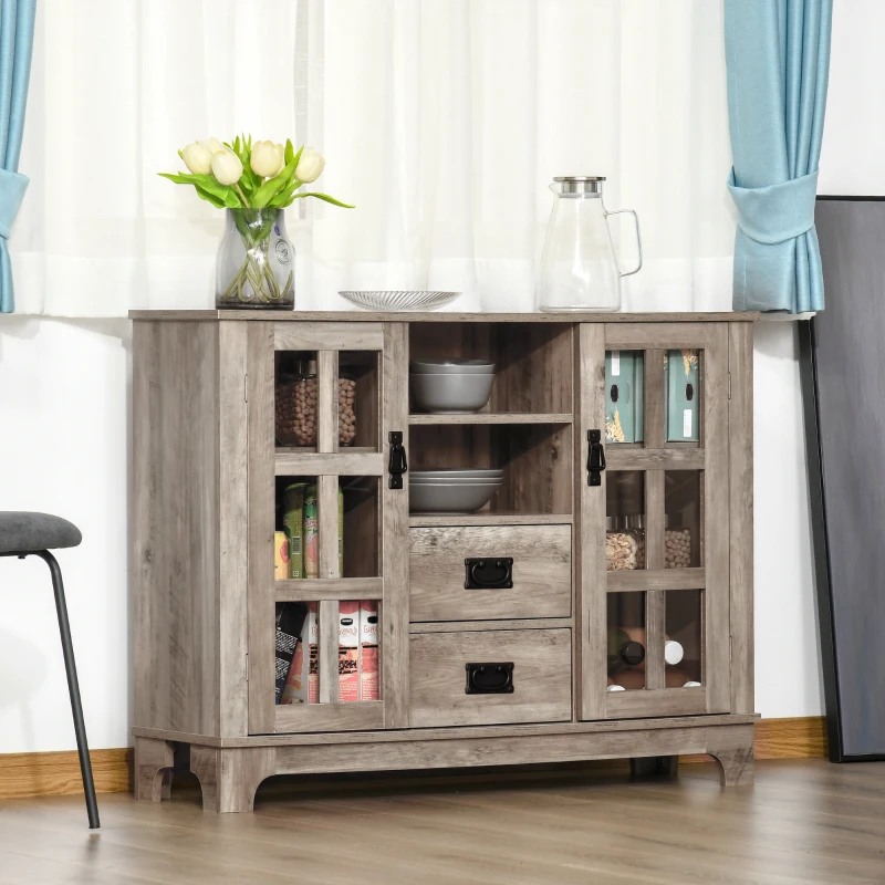 HOMCOM Sideboard Buffet Cabinet with Glass Door, Coffee Bar Cabinet with Storage Drawers & Adjustable Shelves for Kitchen, Living Room, Gray