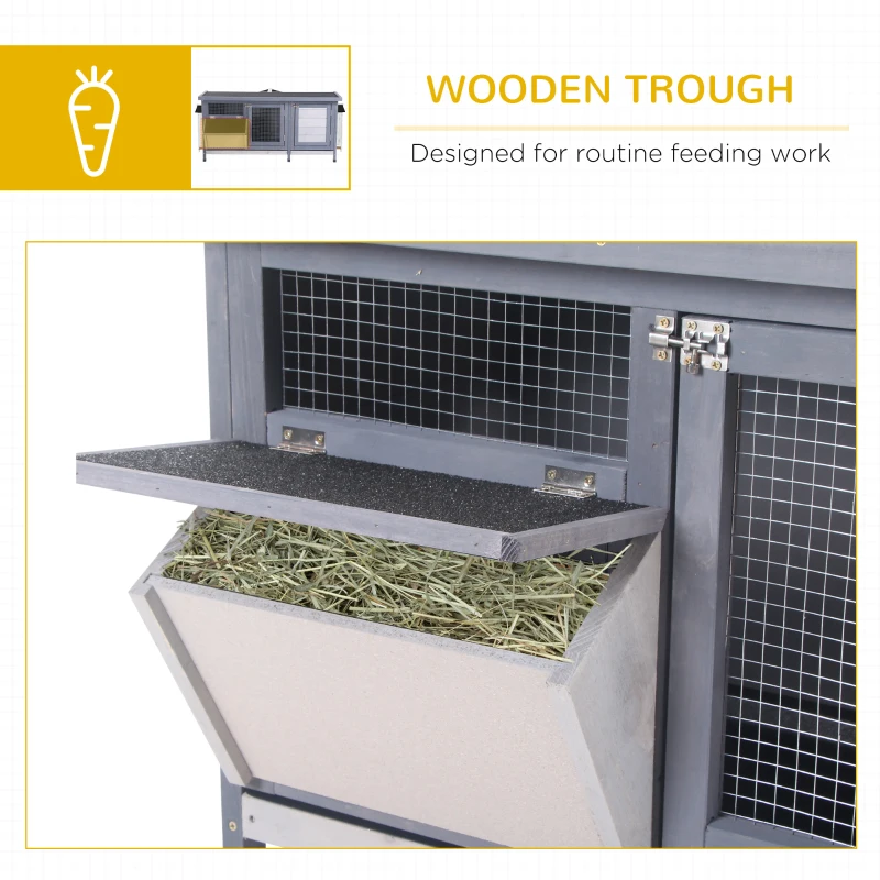 PawHut Wooden Rabbit Hutch Bunny Hutch Cage Guinea Pig with Waterproof Roof, No Leak Tray and Feeding Trough, for Rabbits, Chickens, Ducks, Indoor/Outdoor, Gray