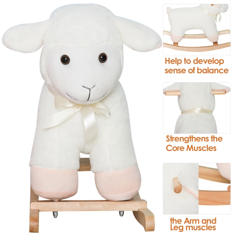 Qaba Lamb Rocking Horse Sheep, Nursery Stuffed Animal Ride On Rocker for Kids, Wooden Plush, White
