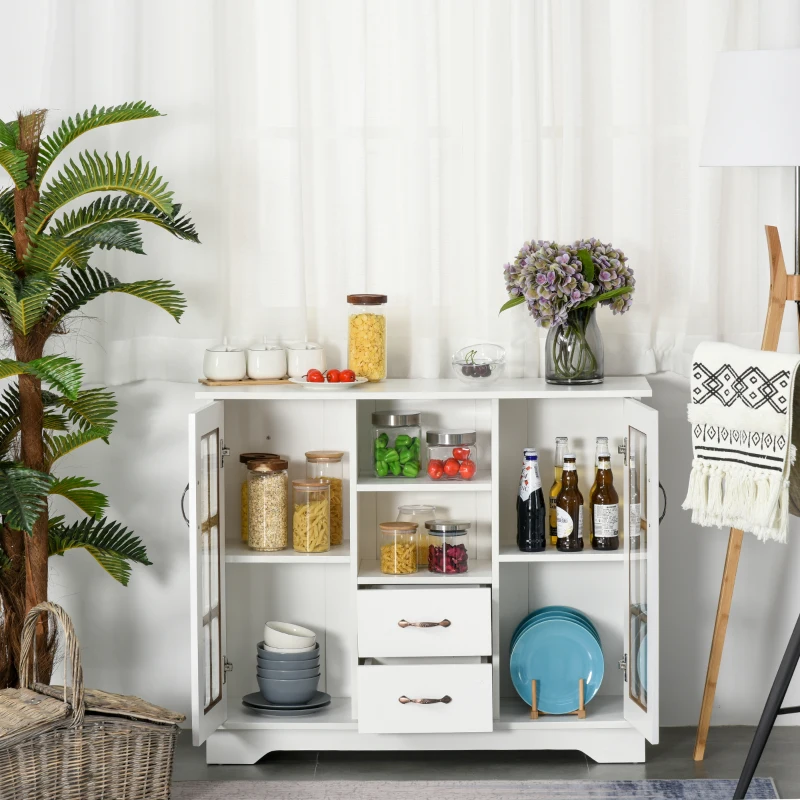 HOMCOM Sideboard Buffet Cabinet, Kitchen Cabinet, Coffee Bar Cabinet with 2 Framed Glass Doors, 2 Drawers and 2 Open Shelves for Living Room, White