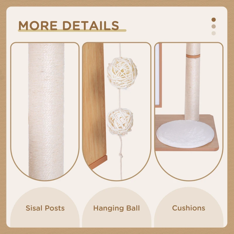 PawHut 47” Modern Cat Tree Multi-Level Scratching Post With Cube Cave Enclosure - Oak Wood and White