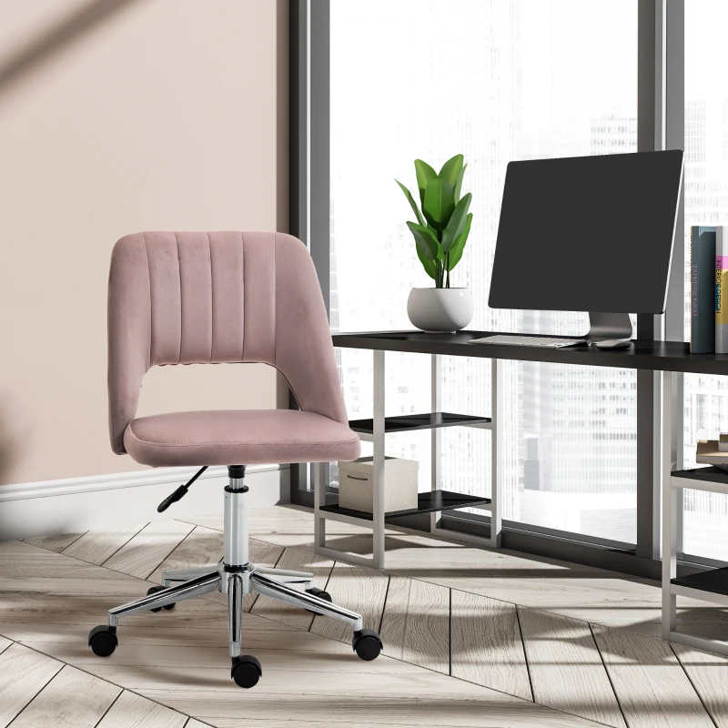 Vinsetto Modern Mid Back Office Chair with Velvet Fabric, Swivel Computer Armless Desk Chair with Hollow Back Design for Home Office, Pink