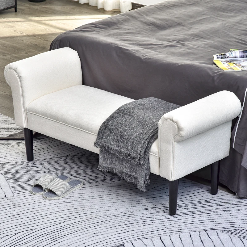 HOMCOM 52" End of Bed Bench, Linen Upholstered Ottoman Bench, Bedroom Entryway Bench With Armrests, Cream White