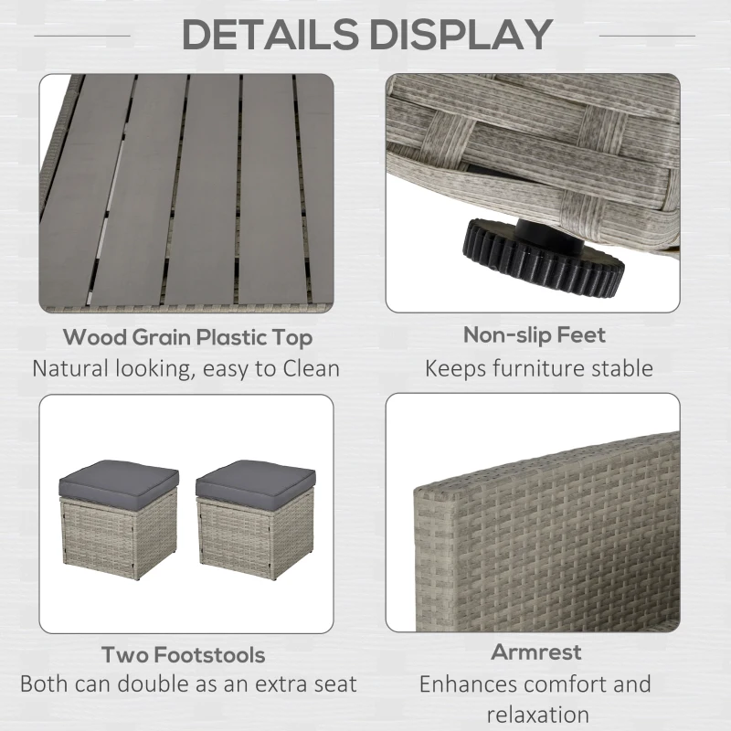 Outsunny Patio Dining Set, PE Rattan Furniture w/ 2 Chairs, Cushions & 3-Seat Sofa, Woodgrain Slatted Dinner Table, Mixed Gray