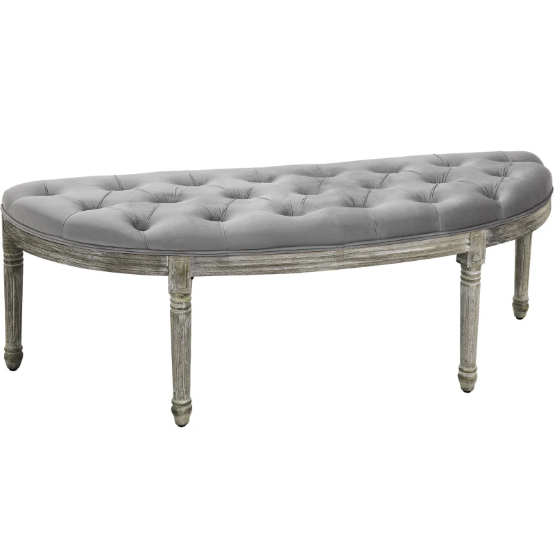 HOMCOM Vintage Semi-Circle End of Bed Bench, Upholstered Bedroom Entryway Bench with Tufted Velvet-Touch Fabric with Rubberwood Legs, Gray