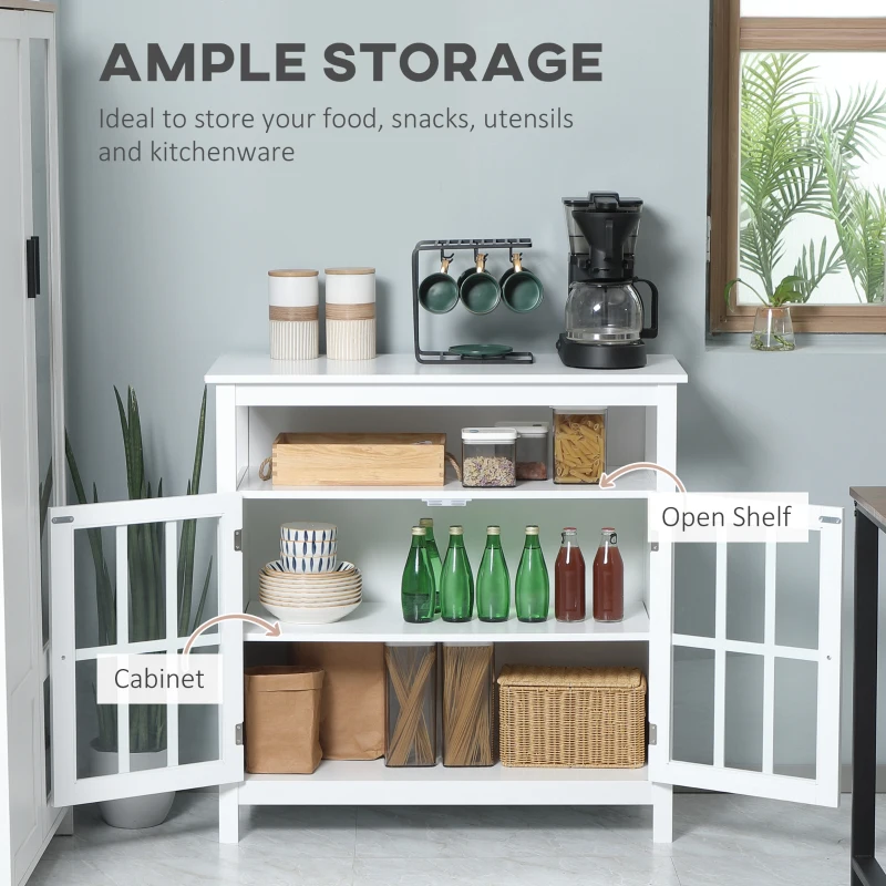 HOMCOM Sideboard Buffet Cabinet with Open Shelf, Glass Doors and Adjustable Shelf, Accent Cabinet for Kitchen, Living Room, White