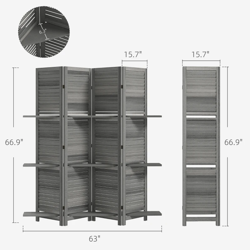 HOMCOM 4 Panel 67" Tall Wood Privacy Screen Room Divider with 3 Shelves and Folding Storage for Bedroom, Gray