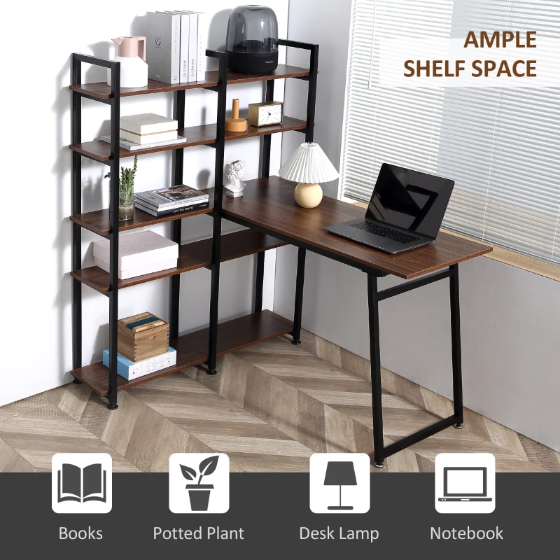 HOMCOM 5 Tier Versatile L-Shaped Computer Desk, Writing Table with Display Shelves and Metal Frame, Space-Saving for Study, Home Office, Walnut