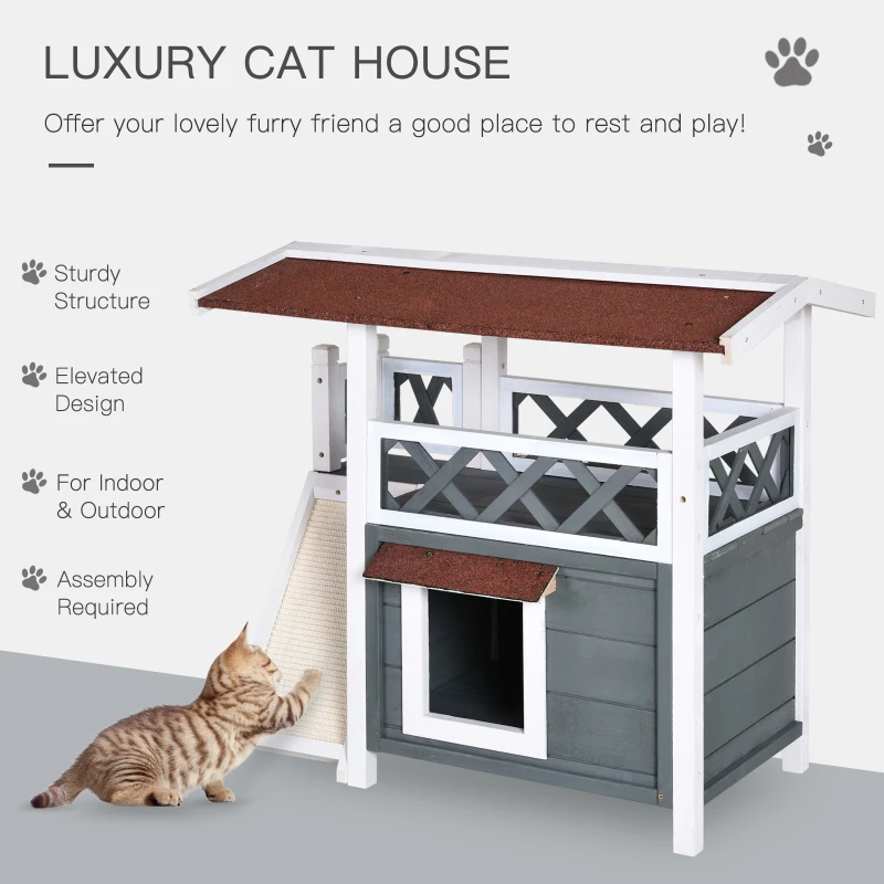 PawHut Wooden Cat House Outdoor with Sisal Ramp, 2-Story Feral Cat Shelter with Balcony, Asphalt Roof, Spacious Condo, Gray