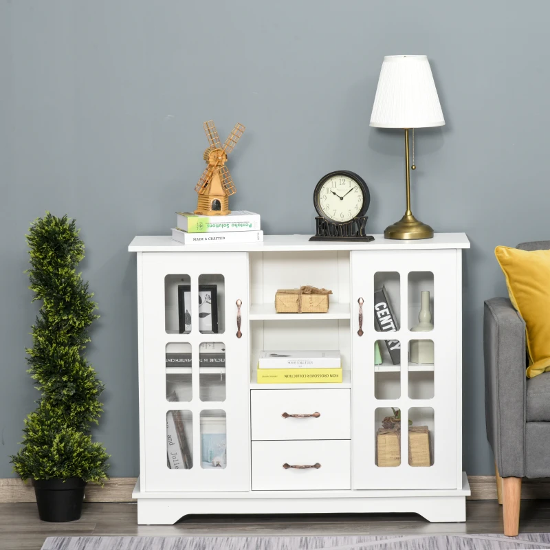 HOMCOM Sideboard Buffet Cabinet, Kitchen Cabinet, Coffee Bar Cabinet with 2 Framed Glass Doors, 2 Drawers and 2 Open Shelves for Living Room, White