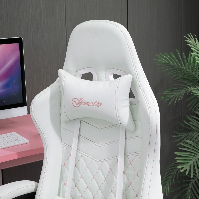Vinsetto High Back PU Leather Gaming Chair, Racing Computer Chair with Swivel Wheels, Retractable Footrest, Headrest, Lumbar Support, and Armrest, White and Pink