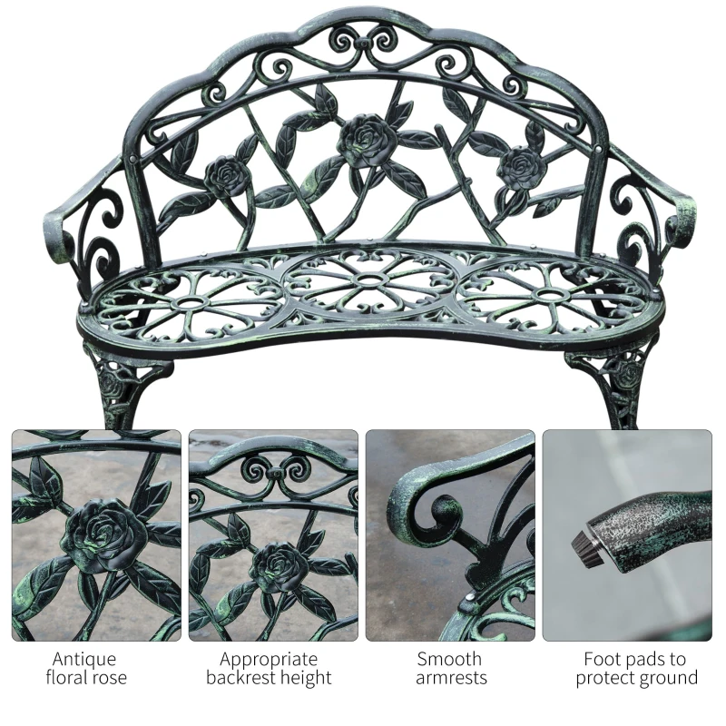Outsunny Outdoor Bench, Cast Aluminum Outdoor Furniture, Metal Bench with Floral Rose Accent & Antique Finish, Green