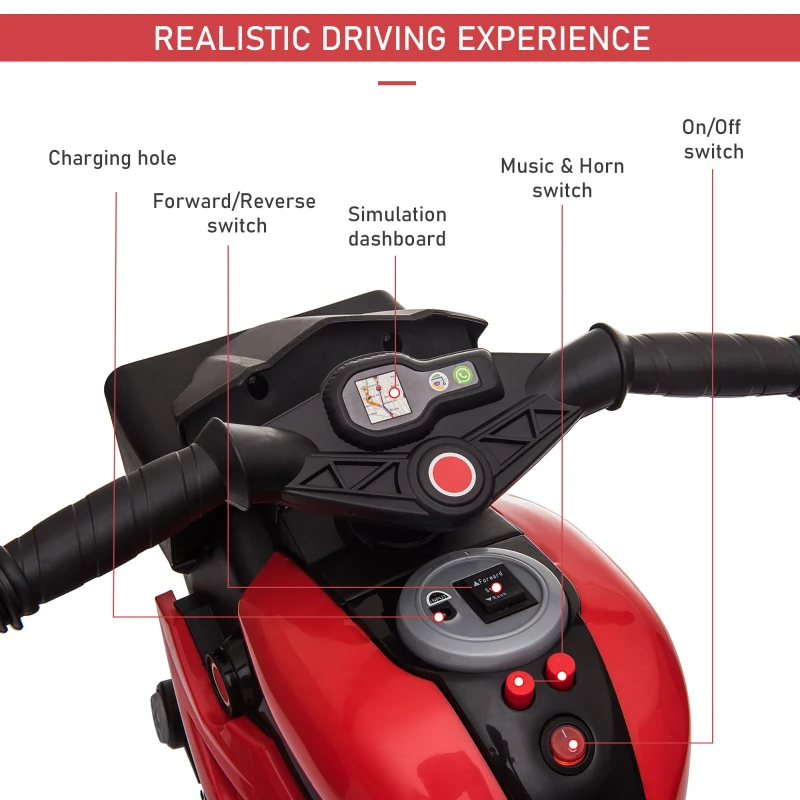 Aosom 6V Kids Motorcycle Toddler Ride-on Toy, High-Traction Battery-Operated Mini Electric Motorbike with Forward/Reverse Switch, Music, Headlights, Horn, Red